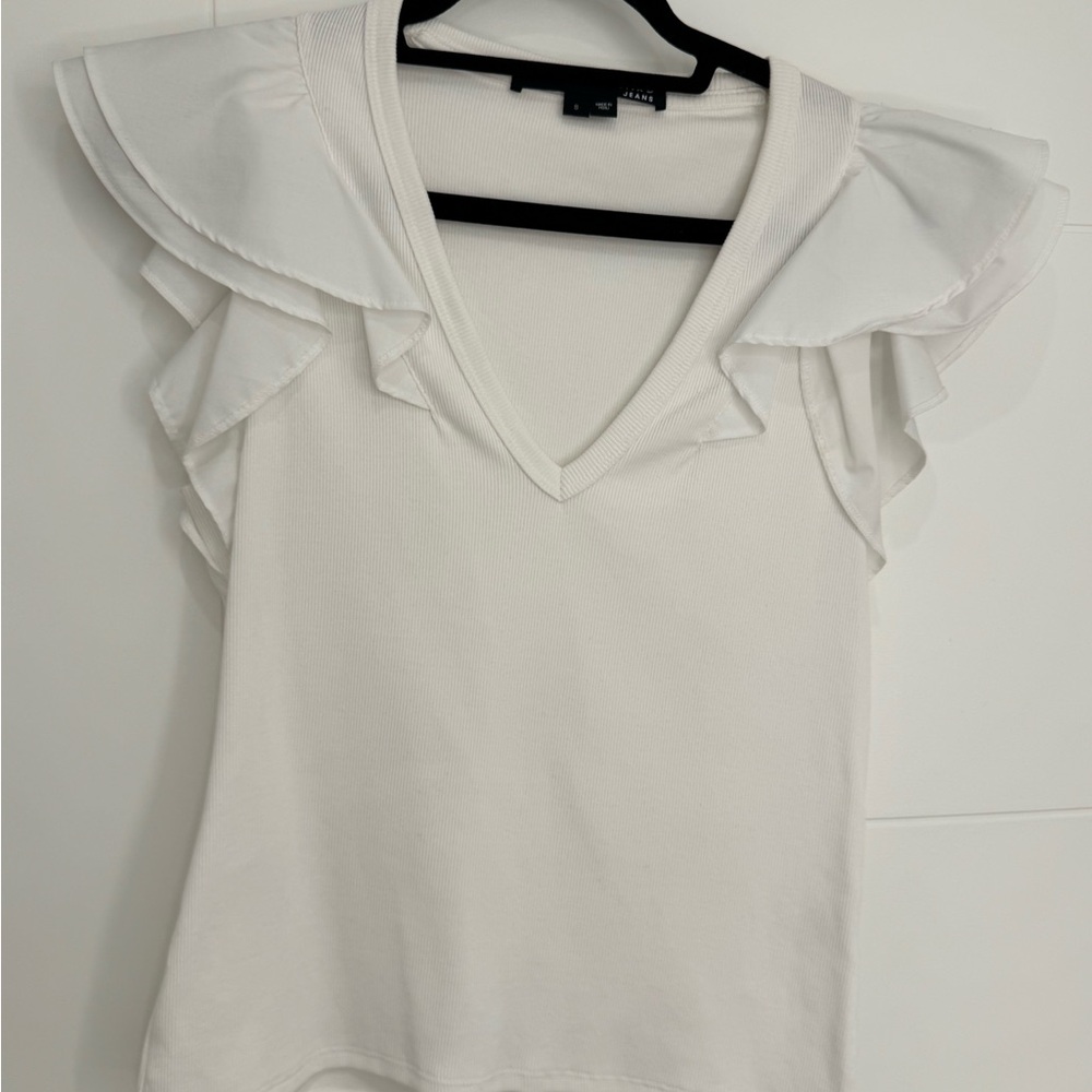 Veronica Beard White Ribbed Cathie Ruffled Top - Picture 3 of 5